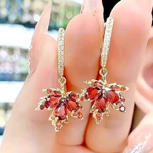 Maple Leaf 🍁 Gold and Red Dangle Earrings with Crystal Accents